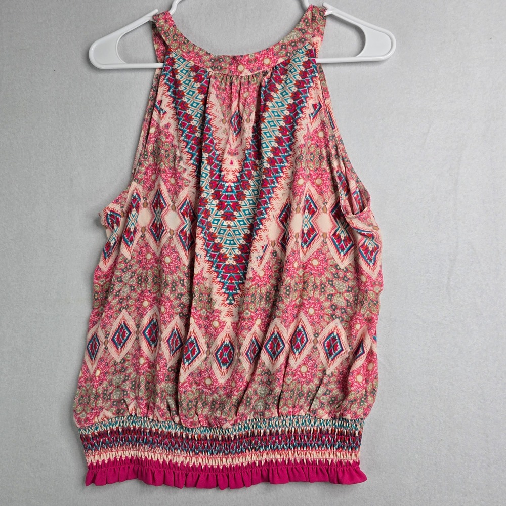 Rose Olive Boho Tribal Print Halter Neck Smocked Waist Tassel Top Womens L boho‎ - Picture 2 of 10